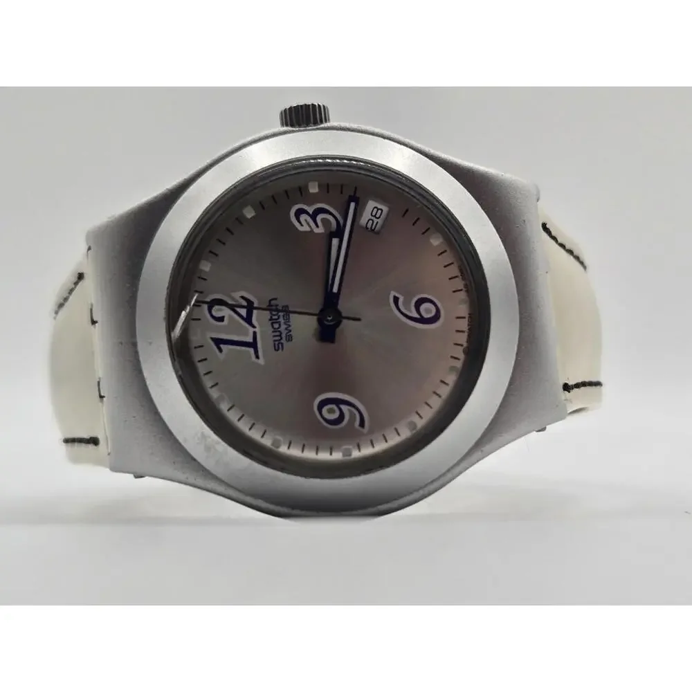 Swatch Women's Silver Case White Strap Watch with Blue Accents